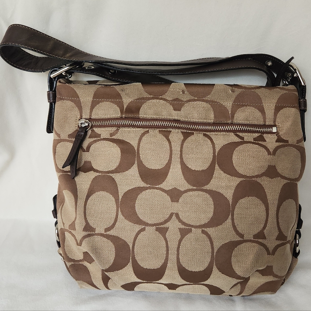 Coach F15067 Signature Duffle Purse Bag Handbag Tan Brown Monogram Logo Jacquard